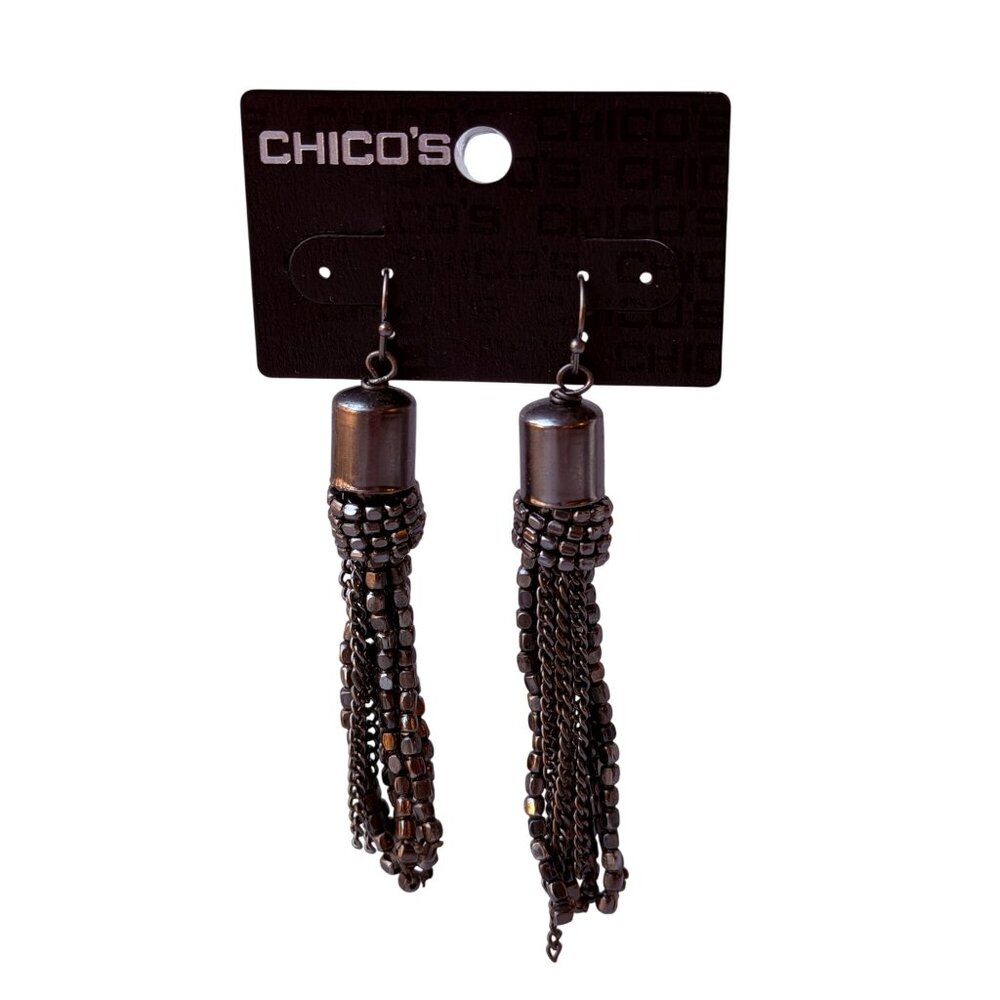Vintage Y2K Pewter Chico’s Chain Bead Tassel Statement Dangle‎ Earrings NOS
